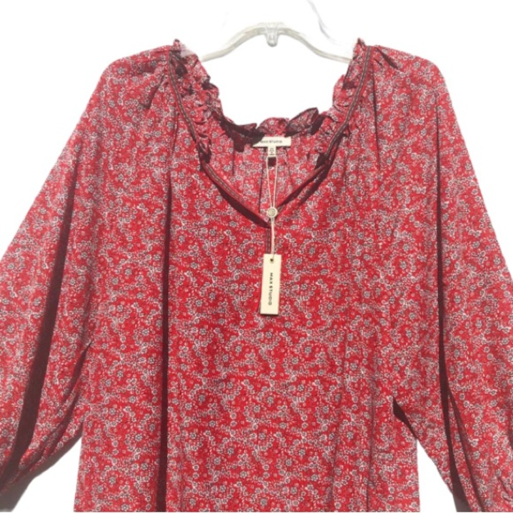 Max Studio Crepe Peasant Blouse Red Floral Print Size 2X - Picture 6 of 16